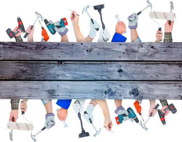 Hands Holding Various Tools Above Grey Wood Boards on Transparent Background - Download Free Stock Videos Pikwizard.com