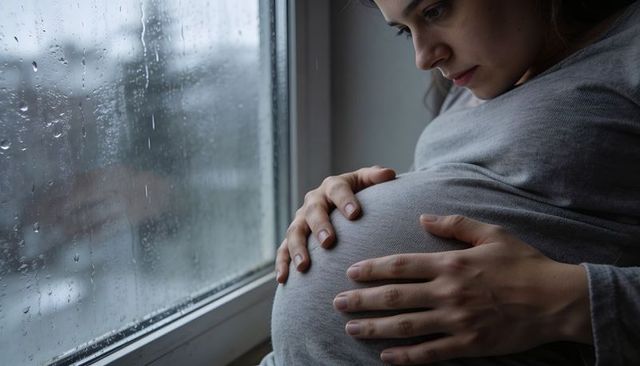 Pregnant woman cradling belly by rainy window, reflecting on motherhood, intimate maternity