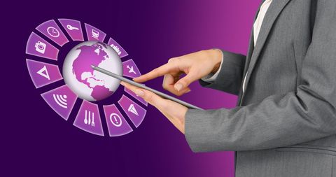 Businesswoman Managing Global Travel Icons on Tablet - Download Free Stock Images Pikwizard.com