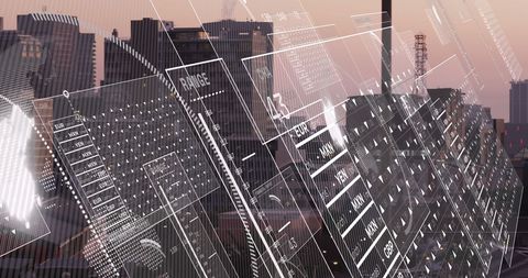 Futuristic Data Analytics Interface Over Cityscape at Dusk