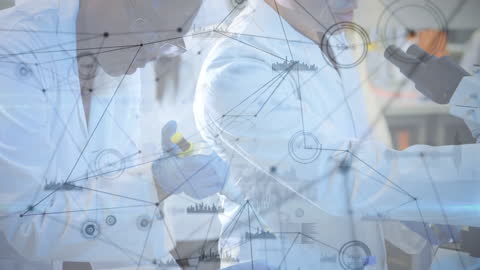 Scientists Collaborating with Futuristic Digital Network Overlay