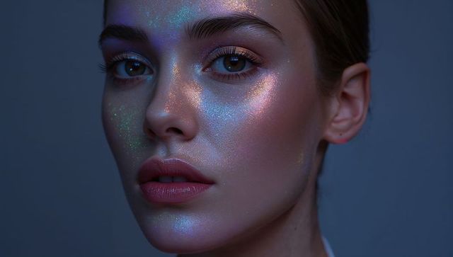 Iridescent makeup close-up portrait holographic highlighter glossy lips and lashes