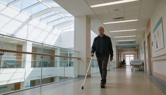 Senior man walking with white cane in hospital atrium conveying independence and mobility