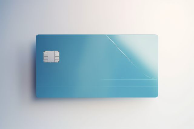 Blank blue credit card with microchip on blue, copy space, created using generative ai technology. Emv chip, banking, spending, technology and finance mock up concept digitally generated image.