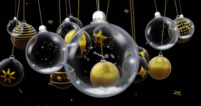 Swinging Clear and Black Christmas Baubles and Stars on Black Background - Download Free Stock Images Pikwizard.com