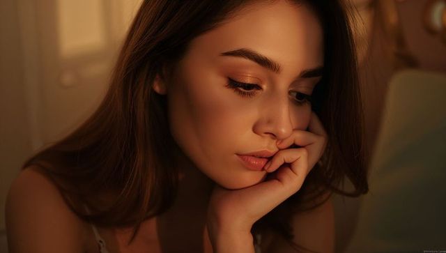 Moody amber portrait of young woman resting chin on hand, introspective evening beauty