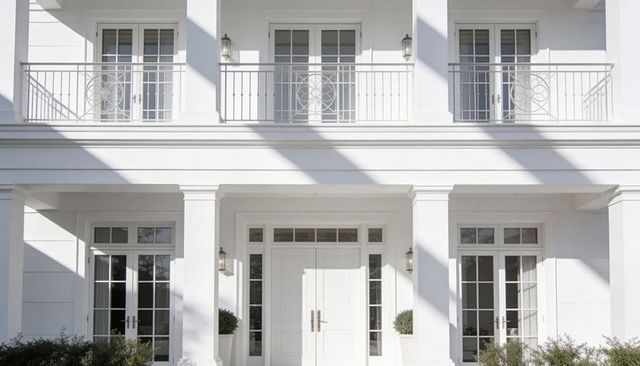 Sunlit white colonial facade showing symmetrical balcony, double doors, strong shadows