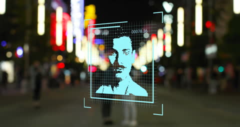 Facial Recognition Technology Analyzing Digital Portraits in City