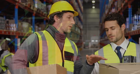 Warehouse Workers Analyzing Data with Holographic Technology Overlay