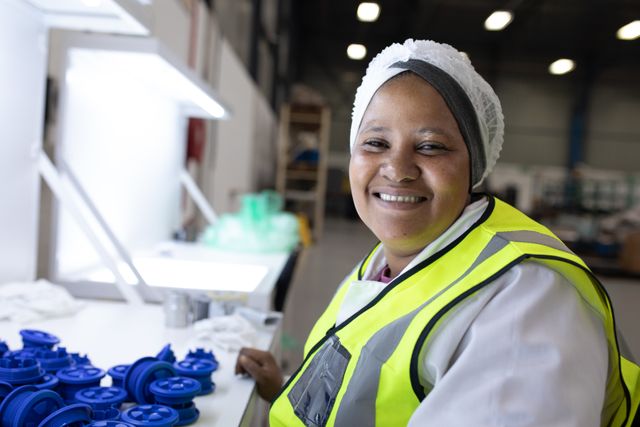 Smiling female factory worker wearing a hair net and high visibility vest, inspecting blue plastic parts at a table in a warehouse. Ideal for use in articles about manufacturing, industrial safety, quality control, and workplace environments. Can be used in promotional materials for factories, labor rights advocacy, and job satisfaction campaigns.