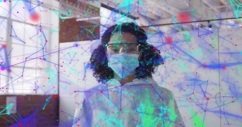 Female scientist wearing ppe in industrial lab analyzing holographic data network, ai