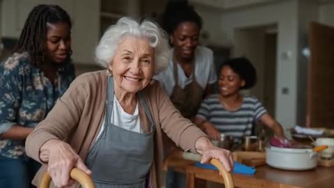 Grandmother leading multigenerational family cooking session while smiling and using walker