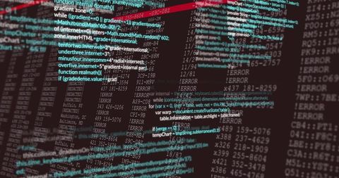 Displaying code overlay on developer workstation with error logs, teal highlights, red bar