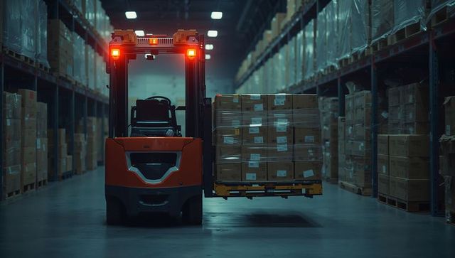 Forklift Operating in Dimly Lit Warehouse Aisle