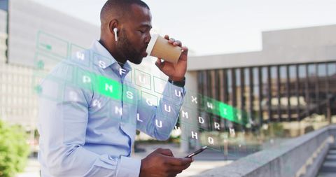 Businessman Drinking Coffee Analyzing Data on Smartphone