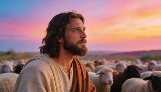 Bearded shepherd gazing over flock at vibrant sunset pasture, peaceful rural scene