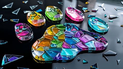 Colorful glass mosaic cluster on reflective surface