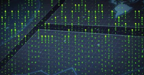 Cascading neon green binary streams flowing across navy grid with glowing data nodes