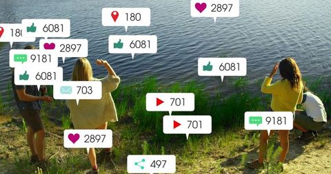 Standing lakeside showing social media notification overlays and digital engagement metrics