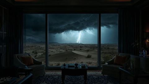 Lightning Striking Desert Through Panoramic Glass Window Revealing Luxurious Nighttime Interior