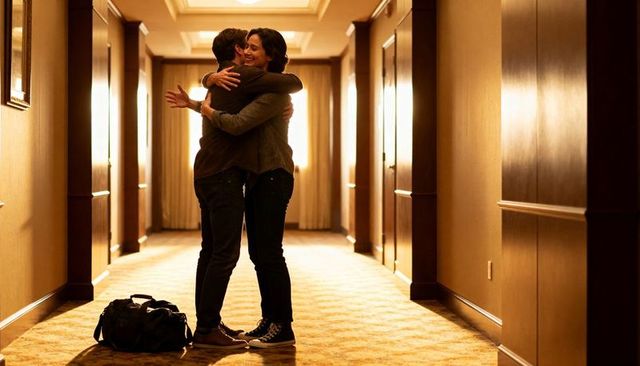 Couple embracing in hotel corridor reuniting after trip warm hug backlit hallway candid