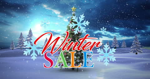 Winter Sale Graphic on Festive Snowy Scene with Christmas Tree