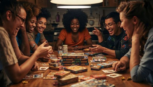 Diverse friends playing board games around cozy kitchen table laughing together at night