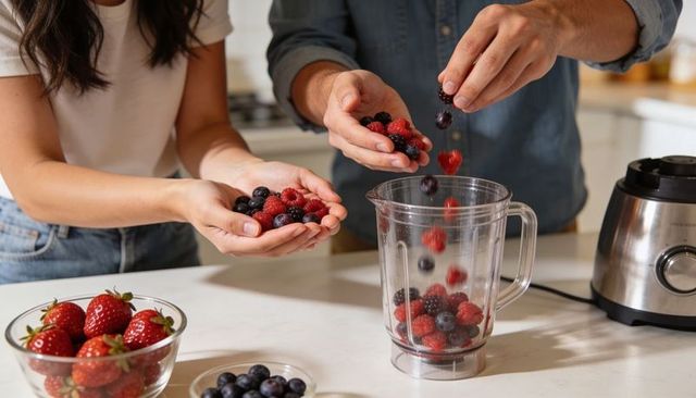 Couple preparing berry smoothie together in modern kitchen pouring mixed berries