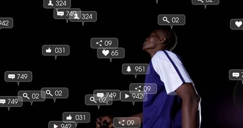 Man surrounded by digital notification icons representing social connectivity