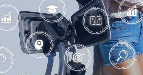 Woman plugging ebike with sustainability and technology icons overlay