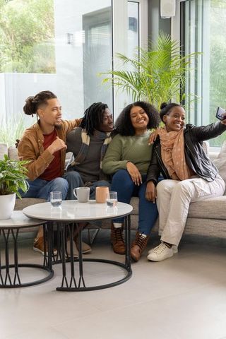 Diverse friends posing for selfie on sofa in bright modern living room