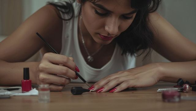 Hispanic woman applying red nail polish at home