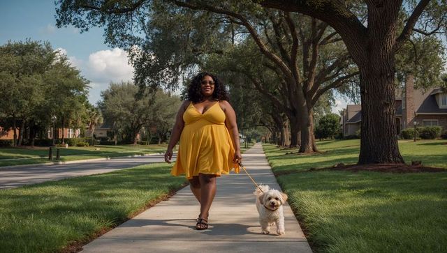 Confident woman in yellow sundress walking small dog on tree-lined sidewalk in summer