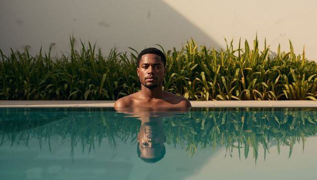 Bare-chested man standing in sunlit backyard pool facing camera with mirror reflection