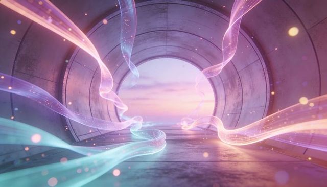 Pastel light ribbons weaving through circular concrete tunnel toward twilight horizon