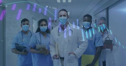 Multicultural medical team standing in hospital corridor wearing masks with data overlay