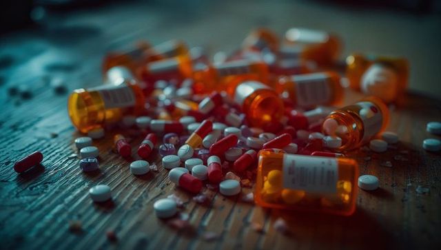 Scattered prescription bottles and pills on wooden surface