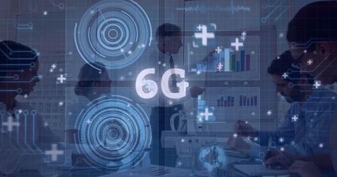 Business team planning in high-tech environment with 6g hologram