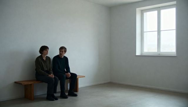 Sitting in quiet room, couple sharing silent moment on wooden bench near window