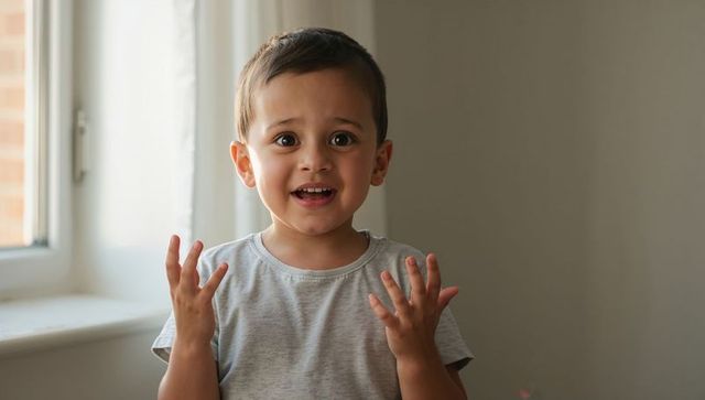 Young boy raising hands and making animated expression in sunlit minimalist interior