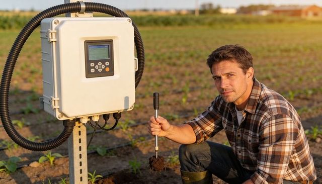 Farmer checking soil probe near irrigation controller in young corn field at golden hour