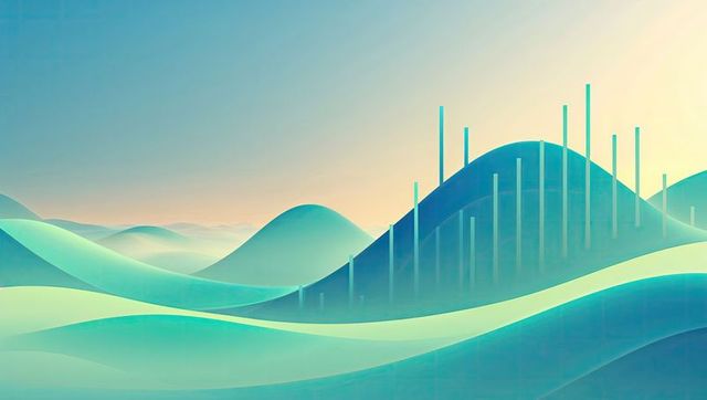 Abstract Digital Landscape with Wavy Teal Hills and Translucent Bars