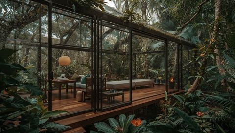 Glass-walled rainforest retreat sitting on wooden deck with daybed and canopy foliage