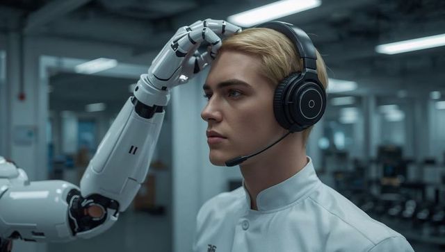 Robot adjusting headset on lab-jacketed technician showing precise human-robot collaboration