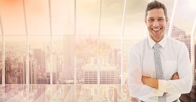 Digital composition of smiling businessman standing with arms crossed against cityscape in background