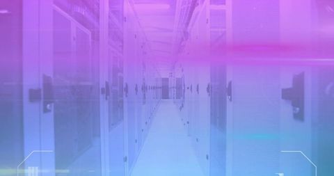 Futuristic Data Center Aisle with Symmetrical Server Racks and Neon Gradient Lighting