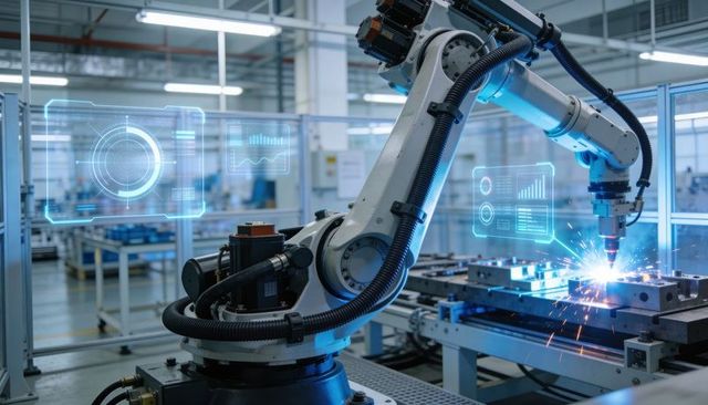 Industrial Robotic Arm Performing Precision Welding with Augmented Reality Data Overlays