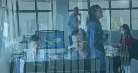 Team Evaluating Financial Data in Futuristic Office