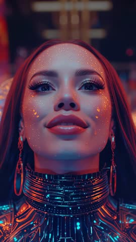 Vertical Cyberpunk Close-Up: Model Shifting into Smile in Neon Lounge, Glowing Freckles