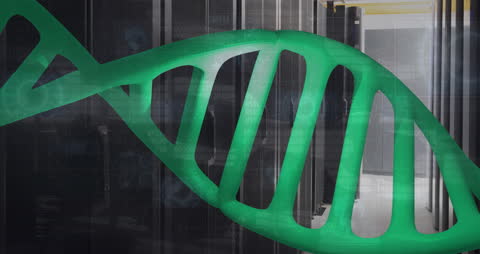 Spinning DNA Strand in Modern Server Room Digital Concept